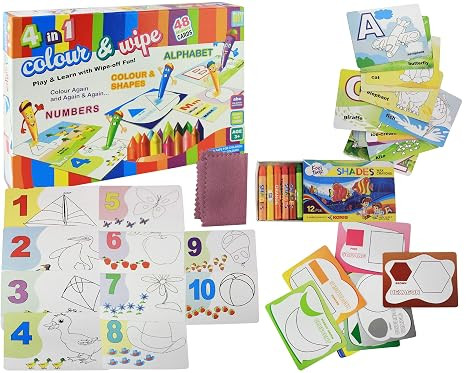 TA Toy Cloud 4 in 1 Colour & Wipe Kit 48 Reusable Cards | Crayons kit Coloring and Learning Education | Child Creativity Development Toy â€“ 3 Years Above Kids