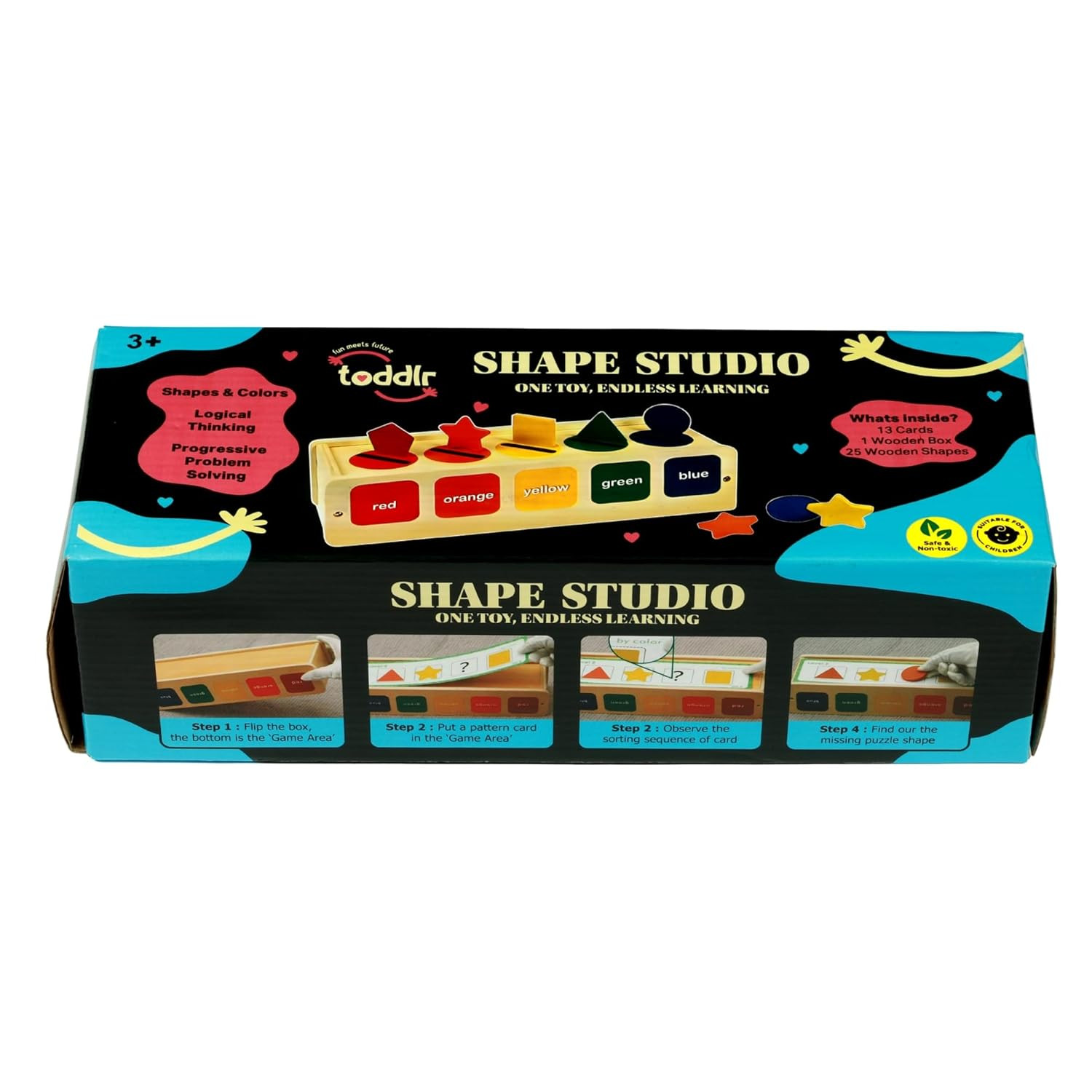 TA Shape Studio | Wooden Shape Sorting Toy for Kids, Colors & Pattern Recognition Learning Game, 24 Progressive Challenges, Montessori Educational Toy for Boys & Girls Age 3+