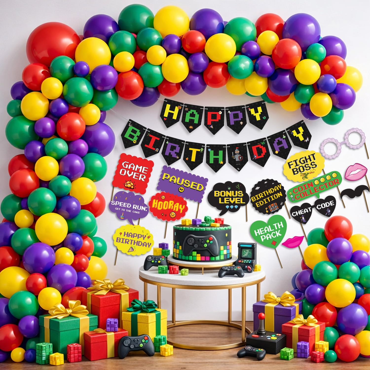 TA Party Propz Game Theme Happy Birthday Decoration Kit -79 Pcs, Balloon for Birthday Decoration Items with Photobooth Props, Game Theme Happy Birthday Banner for Boys & Girls (Cardstock, Latex)