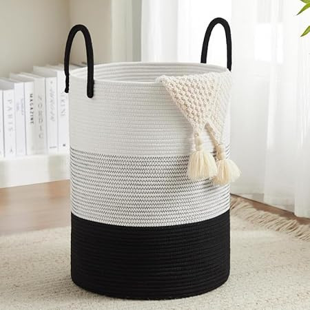 TA Laundry Basket Natural Cotton Rope Storage Basket and Hamper for Cloths, Towels, Blankets in Living Room, Bedroom and Laundry Room (Size - 14" x 14" x 18") (White Black Grey)