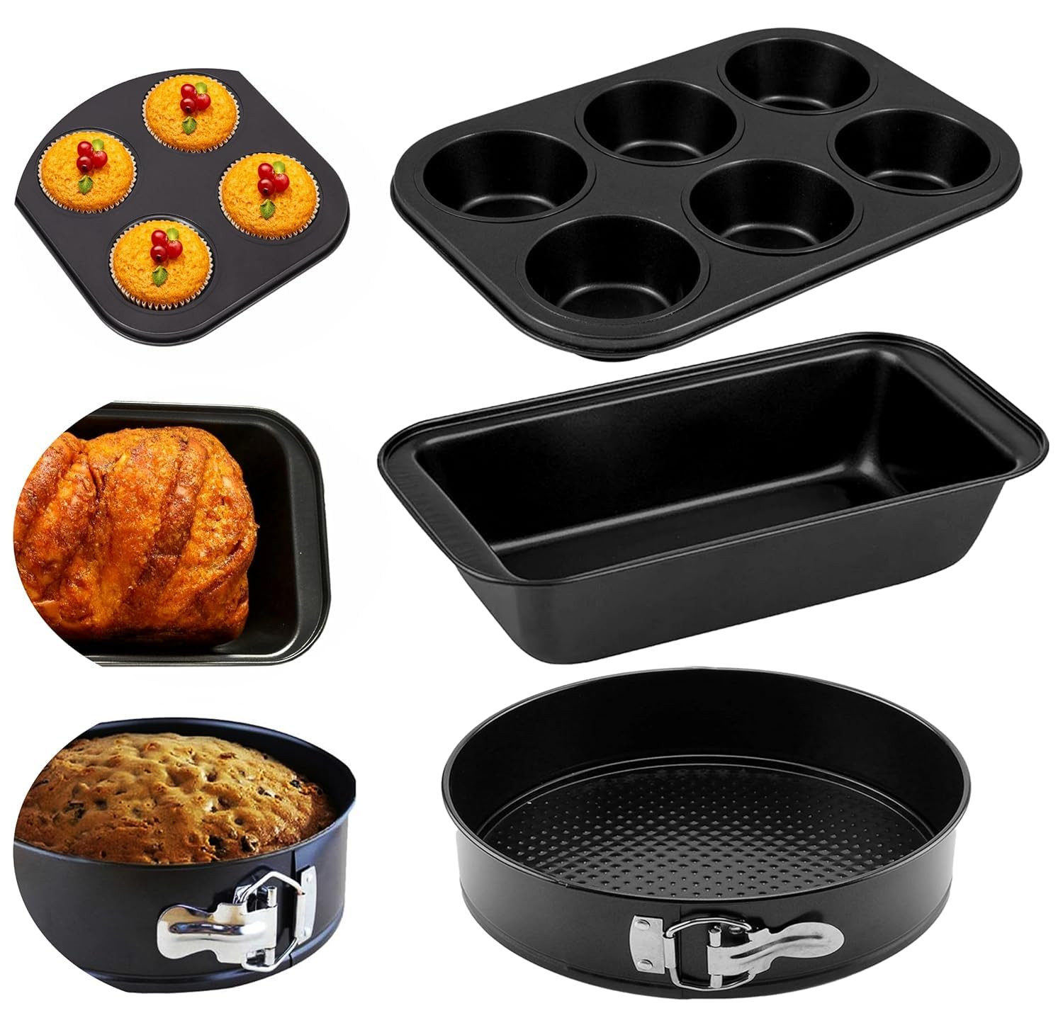 TA 3-Pcs Non-Stick Bakeware Set | Muffin Tray, Bread Mould & Round Cake Tin for Baking, BPA Free Heavy-Duty Carbon Steel Pan, Microwave & OTG Oven Safe