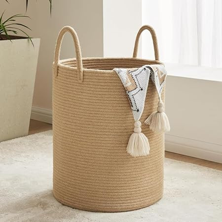 TA Laundry Basket Cotton Rope Hamper and Laundry Basket for Clothes, Towels, Storage in Laundry Room, Living room and Bedroom (Size - 15" x 15" x 18") (Beige)