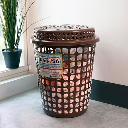 TA Nayasa Plastic Laundry Basket with Lid - 44 Ltrs | Ventilated Clothes Hamper with Easy-Grip Handles | Clothes & Toy Storage Organizer |(Round Petal) Brown