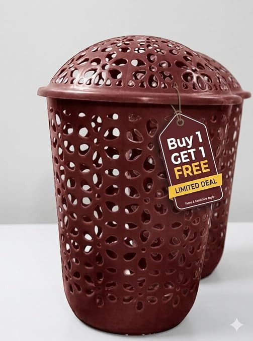 TA Plastic Laundry Basket with Dome Lid, Brown, Cutwork Design, Pack of 2