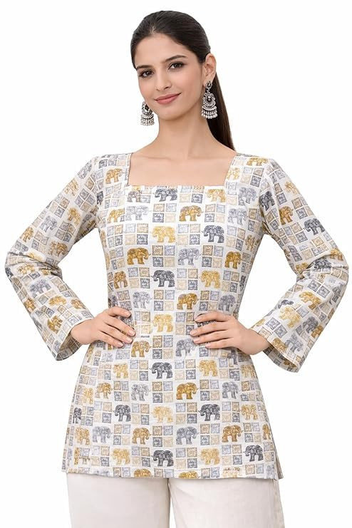 Women's Rayon Floral Print Short Kurti for Women Elegance Square Neck, Long Sleeves with Style Criss Cross Back Kurti, Top for Office Wear, Casual, Outdoor