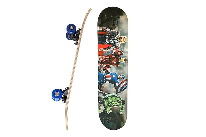 Marvel Avengers Skateboard for Kids and Teens 31 Inch Complete Double Kick Concave Deck with Pro Trucks and Smooth Blue PU Wheels Featuring Iron Man Captain America Thor Hulk Graphic