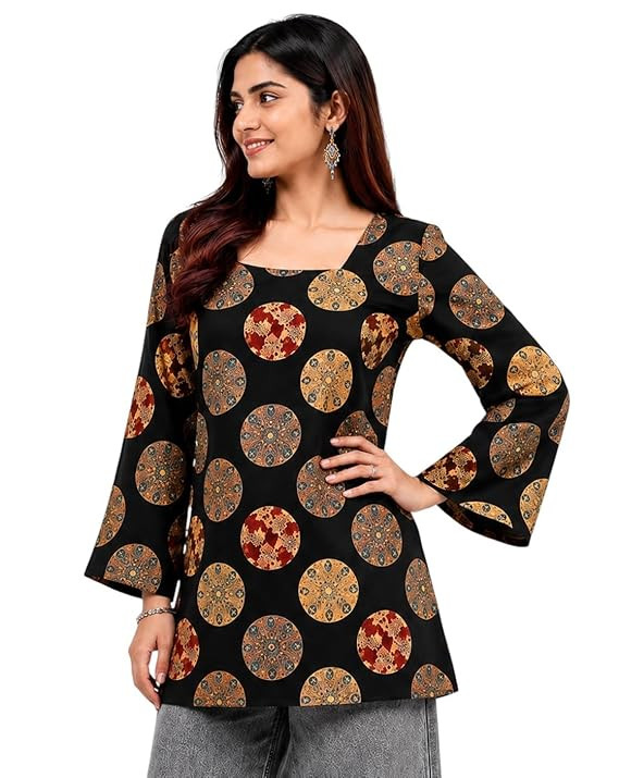 Women's Rayon Floral Print Short Kurti for Women Elegance Square Neck, Long Sleeves with Style Criss Cross Back Kurti, Top for Office Wear, Casual, Outdoor