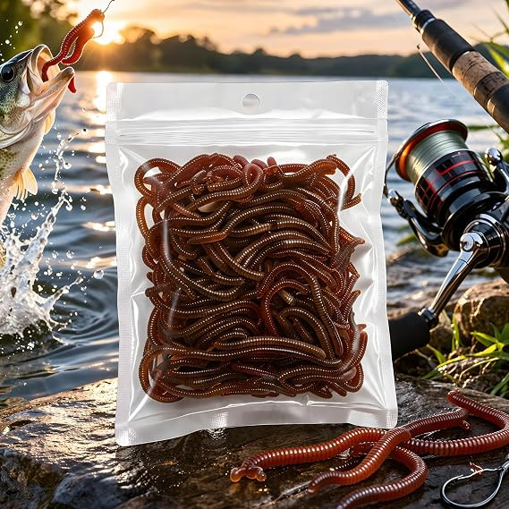 Brown Silicone Earthworm Fishing Lure Set (50 PCS) – Soft Plastic Worm Baits for Freshwater Fishing, Realistic Artificial Lures for Bass, Carp & All Fish Types