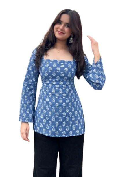 Women’s Rayon Printed Short Kurti | Straight Fit Casual Ethnic Top | Square Neck Full Sleeve Ladies Kurti Office College