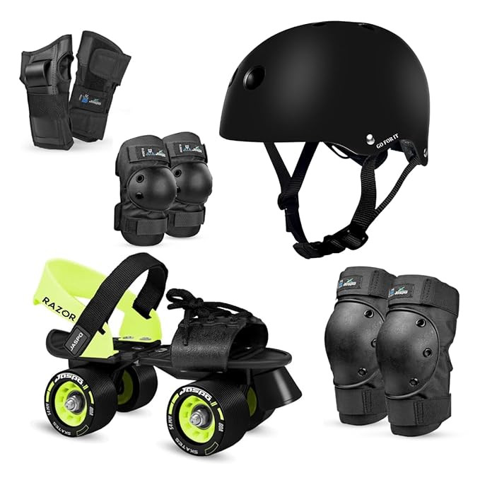 JASPO Razor Adjustable Roller Skates | Unique Ankle Support | 61mm PU Wheels | Anti-Skid Surface | Lightweight | Quad Skates for Kids & Adults (Size 25–31 cm, Age 8+)