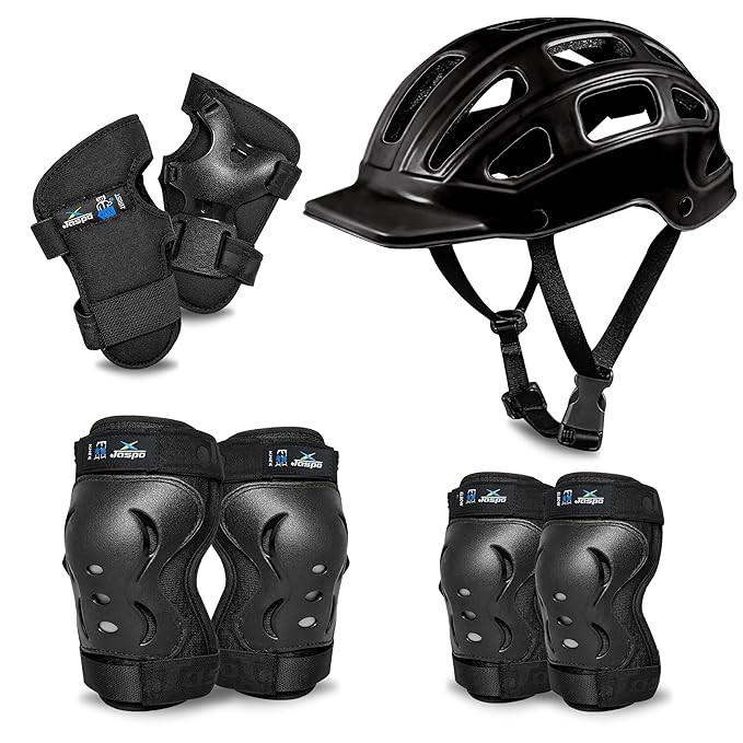 Jaspo Tyro Complete Protective Gear Set for Kids | Helmet with Knee Pads, Elbow Pads & Wrist Guards for Skating, Cycling & Skateboarding(Black) (6-14 Years)