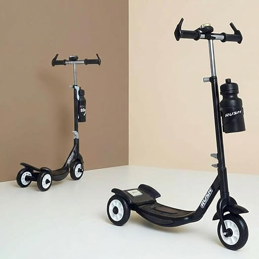 Fun Ride Kids Scooter - Rush Three Wheel Kick Scooters for Boys and Girls with Sipper, Bell, Adjustable Height and Rear Brake - 3 Wheels Skate for Age 3-10 Years (Black)
