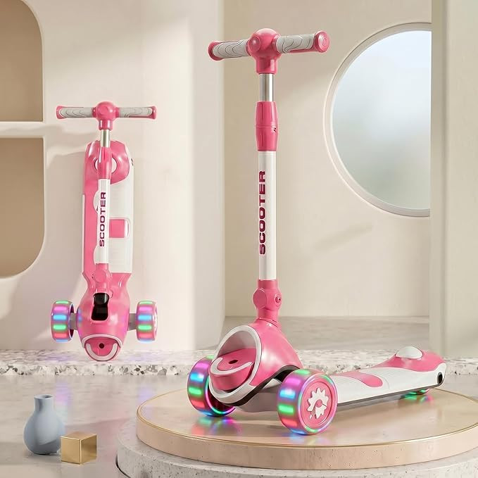 StarAndDaisy kick Scooter for Kids Kick Scooter for 3+ Year, Skating Scooter with Music LED Wheels, Adjustable Handle Height, Foldable 3 Wheel Skate Scooter for Boys Girls 3–12 Years -Pink
