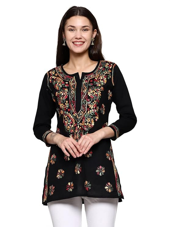 Lucknowi Hand Embroidered Chikankari Cotton Short Kurta Kurti Tunic Top for Women A225311