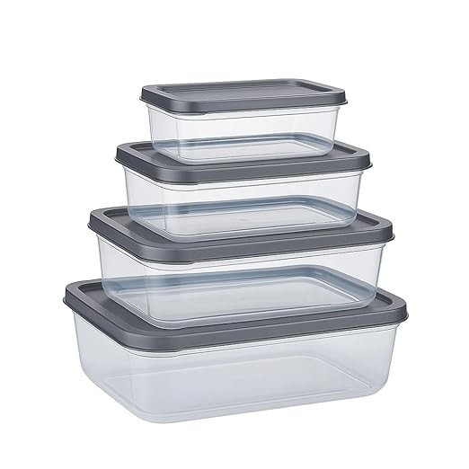 Rectangular Plastic Food Storage Container with Air Tight Lid Kitchen Food Container Meat Box Fridge and Freezer Storage Boxes Bowl - 225ml, 325ml, 650ml, 1250ml, 4Pcs, Clear