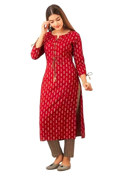 Women’s Printed Straight Kurti for Women | 3/4 Sleeve Round Neck Casual Ethnic Kurti with Tie-Up Detail Office & Festive Kurti
