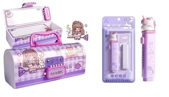 Lucky Purple Pencil Box for Girls with Double Password Lock & Handle, Large Capacity Plastic Pencil Case with Whiteboard, Portable Kids Stationery Organizer Box (Lucky Purple Pencil Box Combo)