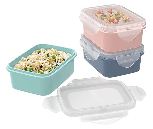 ALL TIME LOCK & SAFE Rectangular Plastic Airtight Food Storage Containers With Leakproof Lid Set of 3 (350 Ml x 3) BLUSH/MINT/MOONLIGHT
