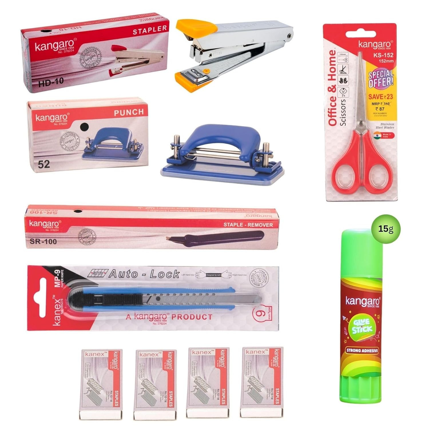 Office Stationery Set with HD-10 Stapler, 52 - Paper Punch, KS -152 Scissors, SR - 100 Staple Remover, MP- 9 Cutter, Glue Stick (15g), 4 Staples Pin Boxes, (10 Pcs). Assorted Color