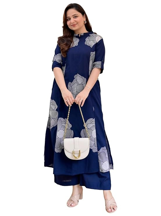 Women Viscose Blend Straight Fit Printed Kurta Palazzo Set | Mandarin Neck Outfit | Lightweight Breathable Fabric | Comfortable Elegant Styling for Office Casual Wear