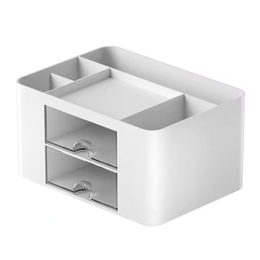 Office Storage Box with Mini Drawers – Stackable Desk Organizer with 6 Compartments & Pen Holder, Multi-Functional Plastic Desktop Storage for Makeup, Stationery, Home & Office (White)