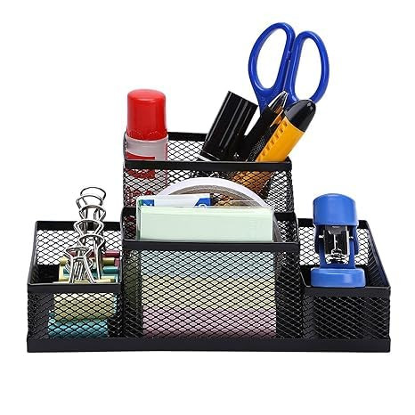 SAMADH ELITES Mesh Desk Organizer with Drawer and Compartments - Durable Black Metal Stationery Holder for Office Supplies - Includes Space for Sticky Notes, Pens, Pencils (Pattern 3)