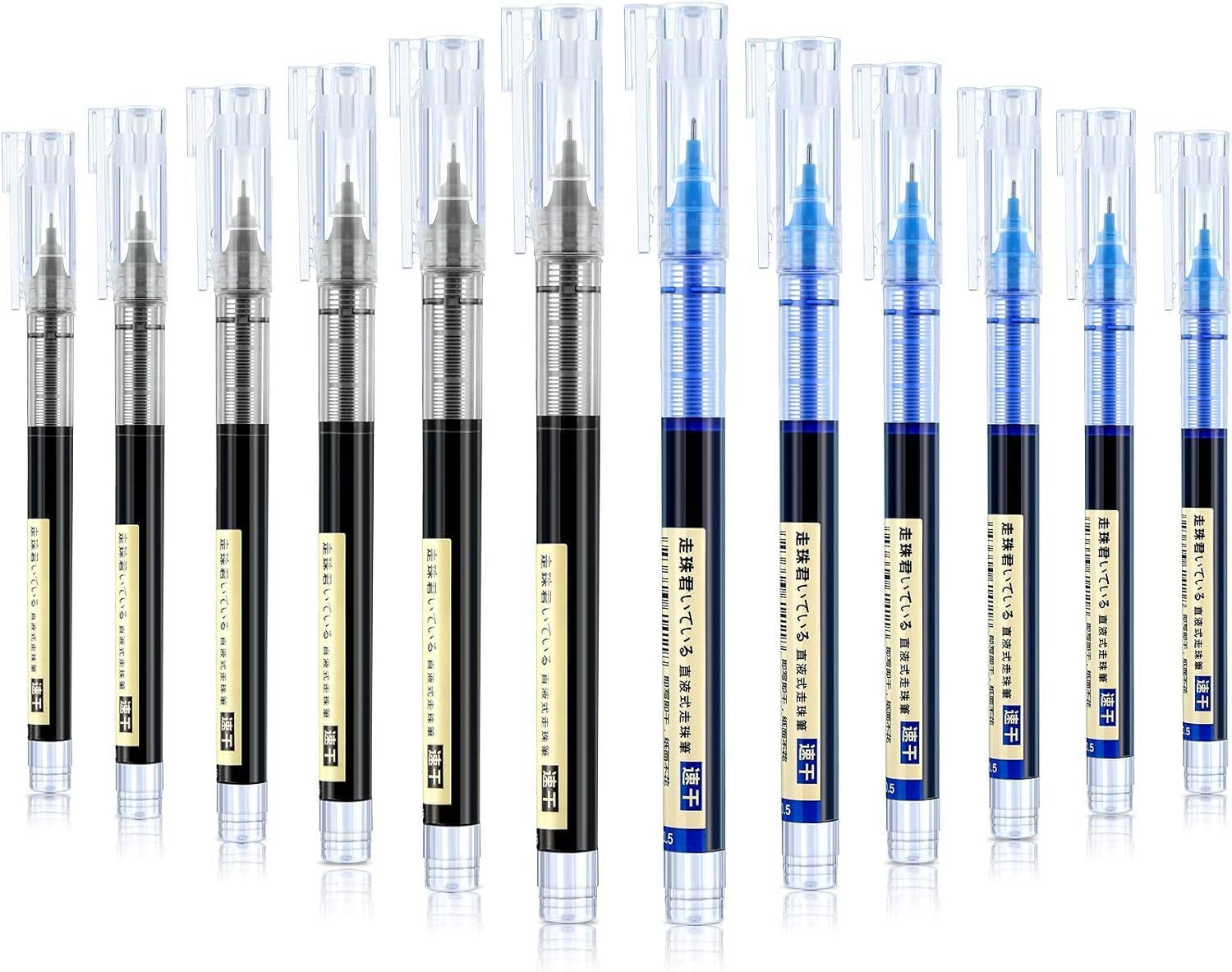 Generic 0.5mm Roller Pen Color ink Straight Liquid Rollerball Gel Pen for Writing, School, Office Stationery Pack of 12 (Black & Blue)