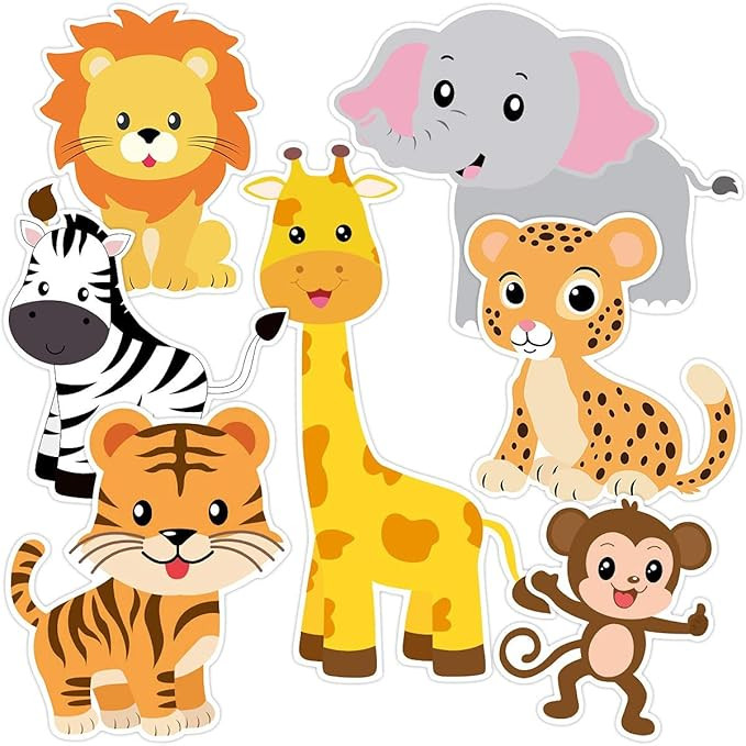 Kids 12 Pcs Zoo Animals Cutouts for Safari Jungle Theme Birthday Party Decoration, Room Decor, Party Supplies - Multicolor