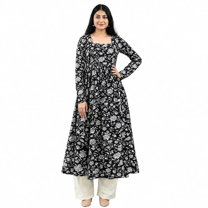 Cotton Nayra Cut Kurti for Women | Full Sleeves Printed Long Kurta | Stylish Flared Ethnic Wear Kurti, Casual & Festive Occasion