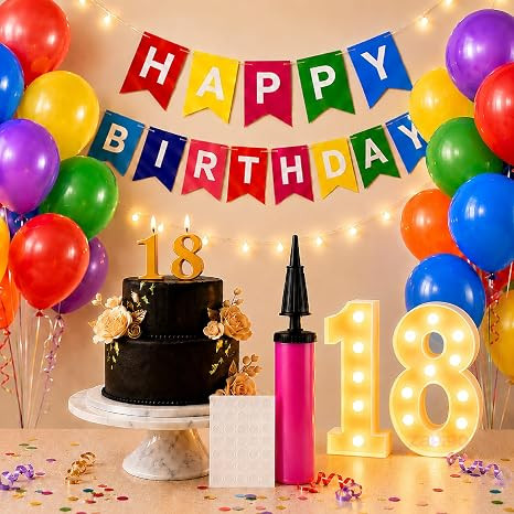 Balloonistics 55-Piece 18th Birthday Decoration Kit – Number 18 Foil Balloons, Happy Birthday Banner, Latex Balloons, Arch Tools for Party Decoration, Photo Booth, Cake Table Decor