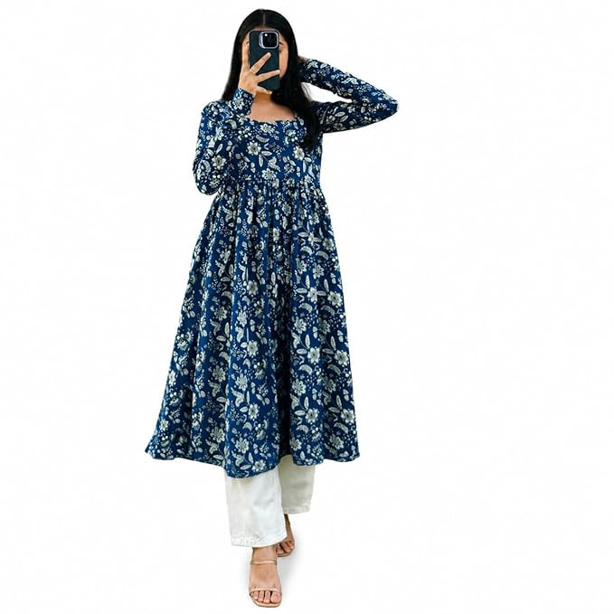 Cotton Nayra Cut Kurti for Women | Full Sleeves Printed Long Kurta | Stylish Flared Ethnic Wear Kurti, Casual & Festive Occasion