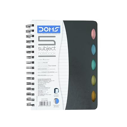 Doms 5 Subject Poly Cover Wiro Notebook | 70 GSM, 5 Subject, 300 Pages | 21.6 x 14 CM | The Book is Sturdy & Long Lasting | Pack Of 1