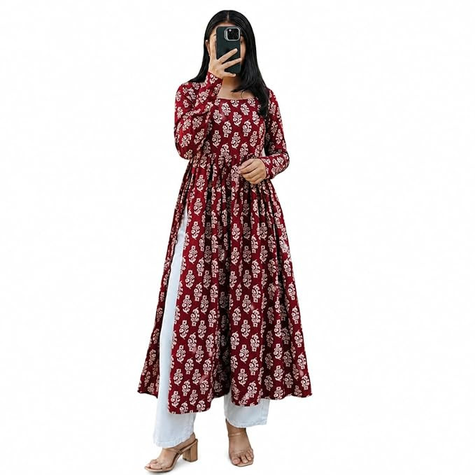 Cotton Nayra Cut Kurti for Women | Full Sleeves Printed Long Kurta | Stylish Flared Ethnic Wear Kurti, Casual & Festive Occasion