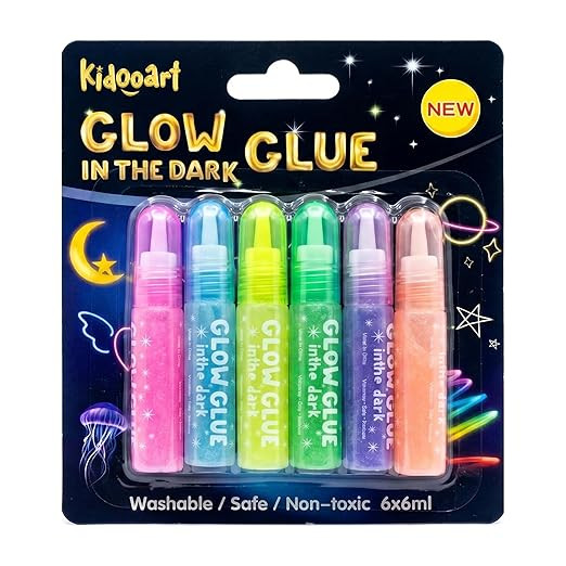 Glow in the Dark Glue - 6 Pack (6ml Tubes), Washable & Non-Toxic Neon Craft Adhesive for Slime Making - Multicolored Glow Glue Set for Kids, Safe for Poster Board & School Projects