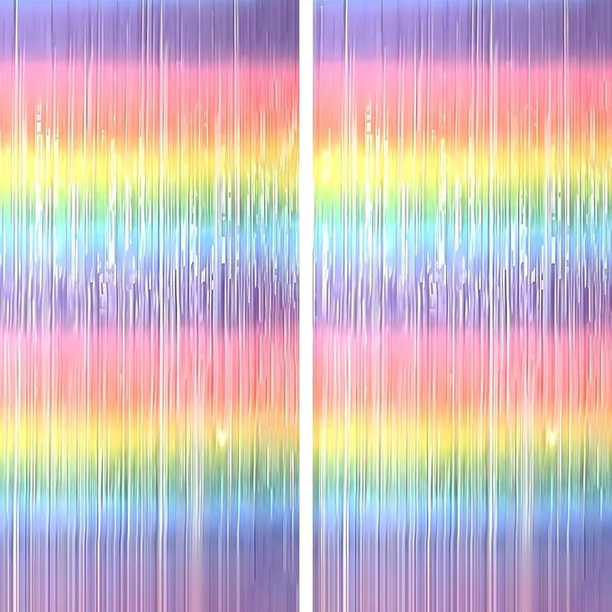 Pastel Rainbow Metallic Foil Fringe Curtains 3x6 Ft Each, Pack of 2 - Shimmer Party Backdrop for Birthday, Baby Shower, Princess Unicorn Theme, Anniversary, Photo Booth, Wall Decoration