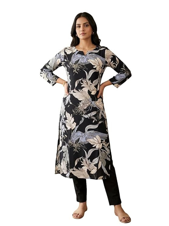 Women's Black Cotton Long Kurti, Ethnic Wear Top
