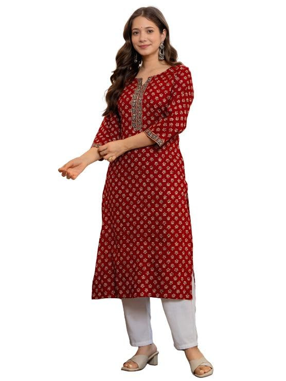 Rayon Long Kurti for Women | Floral Printed Boat Neck Long Kurti | Casual Everyday Wear 3/4th Sleeve Ethnic Top | Office or Collage Wear Maroon Kurti