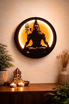 God mahadev Shiva Wall Hanging LED Backlit Decor - Meditation Shiva Hindu GOD Lamp - Warm Light Home Decor - Round Wall Art for Living Room, Bedroom, Pooja Room