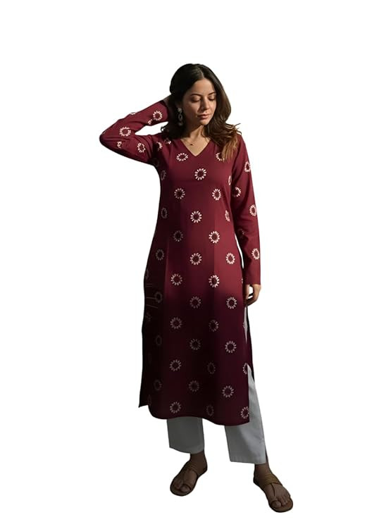 Women's Rayon Printed Long Kurti, Black, Full Sleeve, Ankle Length