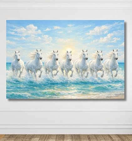 Kunj Cart 25+ DESIGNS Canvas Big Size 7 Horses Vastu Frame Wall Art Painting | White Running Horses On Water Rising Sun | Horse Vastu Painting Wall Decor, Living Room, Office, (Desing - O, 40x24 Inch, Unframed - Large)