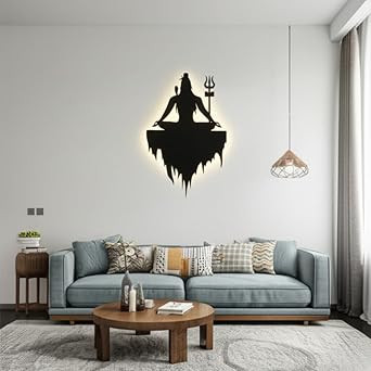 LED Backlit Lord Shiva Meditating Wall Art, Modern Spiritual Decor Light, Black Silhouette Design (24'' x 18'' inch)