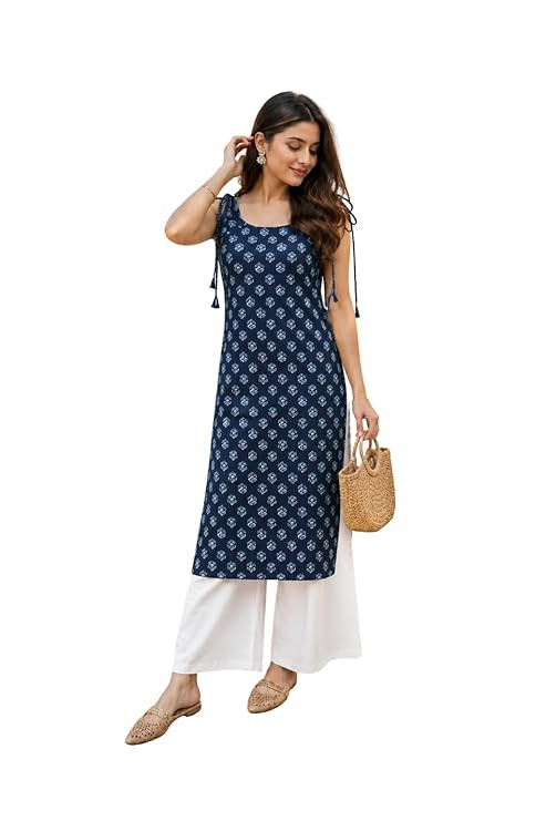 Women's Cotton Printed Straight Kurti with Dori Shoulder Straps | Sleeveless Floral Print Long Kurti | Casual Ethnic Wear for Women