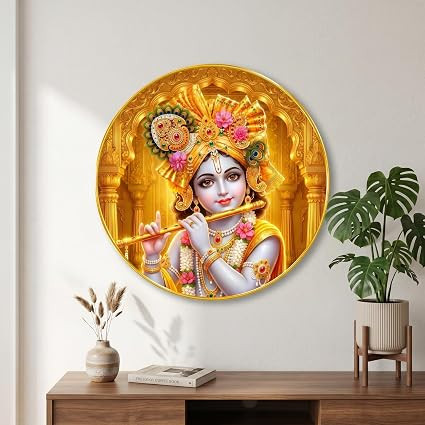 SAF Lord Krishna Wall Art with PVC Round Frame | Sparkle Laminated Flute Krishna Divine Painting | Premium Spiritual Wall Decor for Home Temple Living Room Office Gift Item