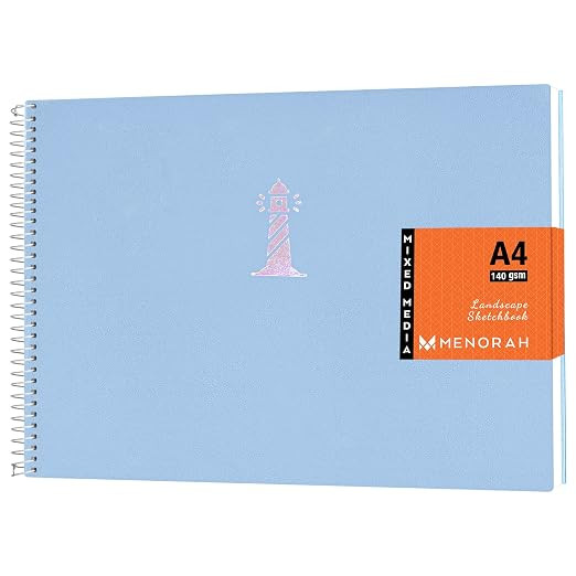 MENORAH - A4 Sketch Book for Artists-140 GSM Dry Mixed Media -(58 Sheets/116 Pages)- Art Journal- (Size-21.0 cm x 29.7 cm)- Hard Spiral Bound- CASSATA Sketchbook (Sea Blue- Lighthouse)- Landscape