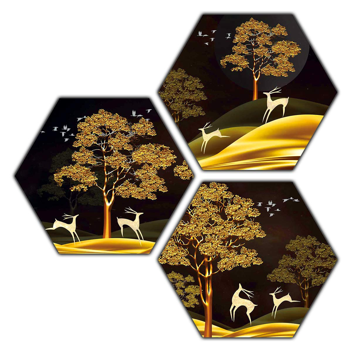 Decor Set of 3 Hexagon Piece Painting on 6mm Pine MDF of Landscape Art Scenery with Deer 0038-(55 X 55cm, Multicolor, MDF), Medium