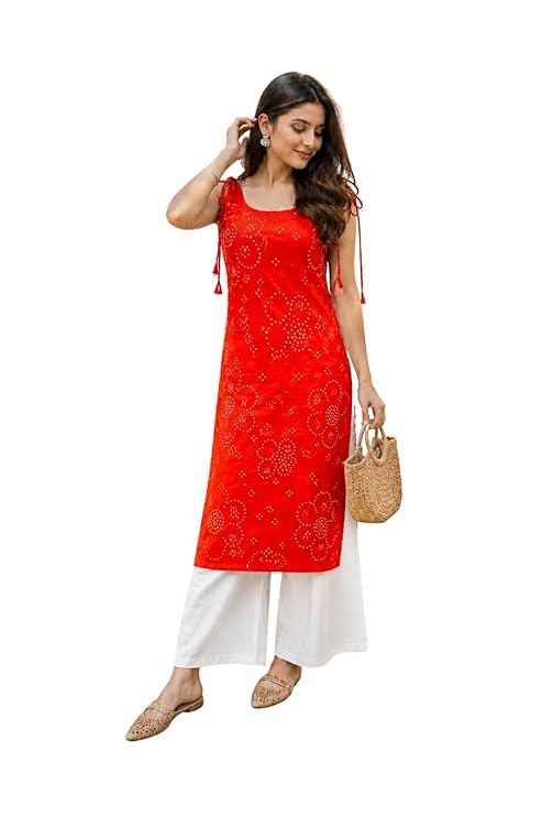 Women's Cotton Printed Straight Kurti with Dori Shoulder Straps | Sleeveless Floral Print Long Kurti | Casual Ethnic Wear for Women