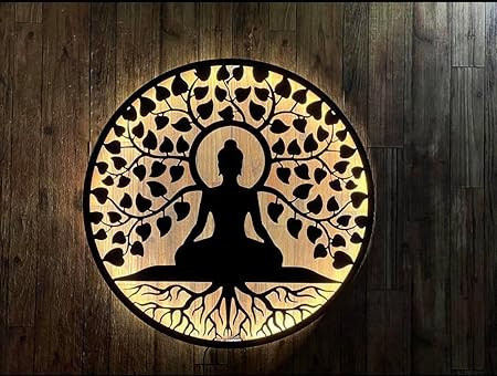 Handicraft Buddha Metal Wall Art Backlit Buddha Metal 3D Wall Art 18 IN Wall Hanging with Led Backlight Decorative Showpiece - 45 cm (18 Inch/Gold)