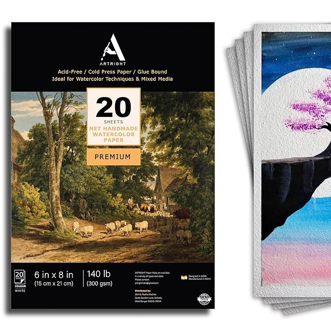 ArtRight Artists' A5 Acrylic & Gouache Paper Pack of 20 Sheets, 300 GSM; Handmade Sheets for Acrylic & Gouache Media