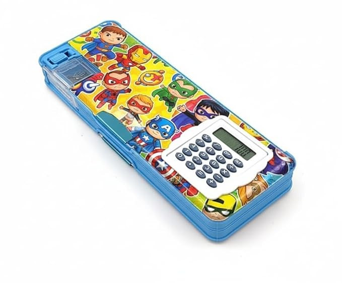 Superhero Multi-Function Pencil Box for Kids with Built-in Calculator | Large Capacity Cartoon Design | Magnetic Lock | Dual Compartment School Stationery Case for Boys & Girls - A