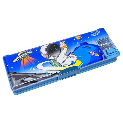 Plastic Space Themed Pencil Box, Inbuilt LED Light with 2 Compartments and Dual Sharpener, Magnetic Lock, Pencil Box for Kids (Blue)